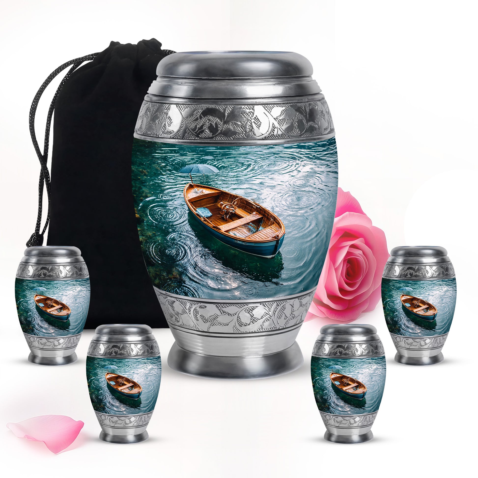Soft Teal Boat Cremation Urn detail view - regal boat design with crown-inspired accents - memorial set with one large and four small urns