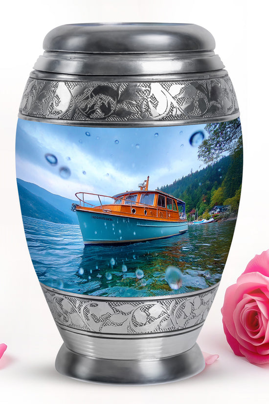 Lustrous Boat Cremation Urns for Human Ashes - Blue 10-inch - Karyliz