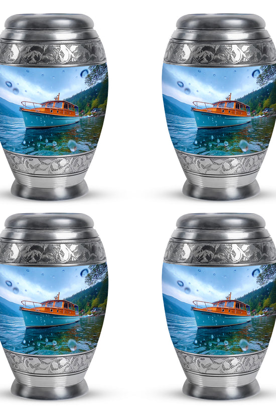 Sky Blue Boat Cremation Urn urn with complimentary velvet bag - regal boat design with crown-inspired accents - 10 inch aluminum urn for cremated remains