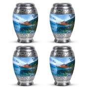 Sky Blue Boat Cremation Urn urn with complimentary velvet bag - regal boat design with crown-inspired accents - 10 inch aluminum urn for cremated remains