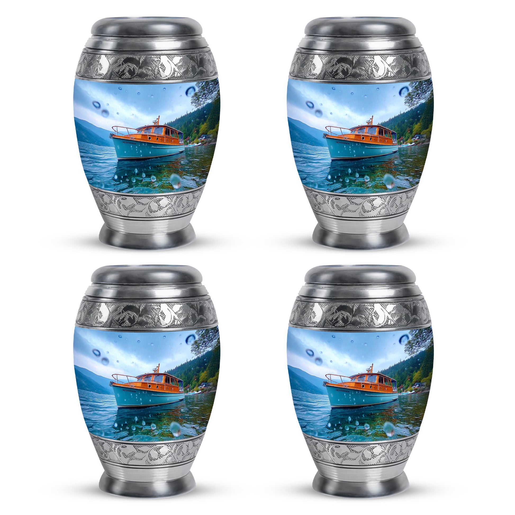 Sky Blue Boat Cremation Urn urn with complimentary velvet bag - regal boat design with crown-inspired accents - 10 inch aluminum urn for cremated remains