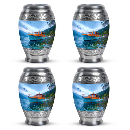 Sky Blue Boat Cremation Urn urn with complimentary velvet bag - regal boat design with crown-inspired accents - 10 inch aluminum urn for cremated remains