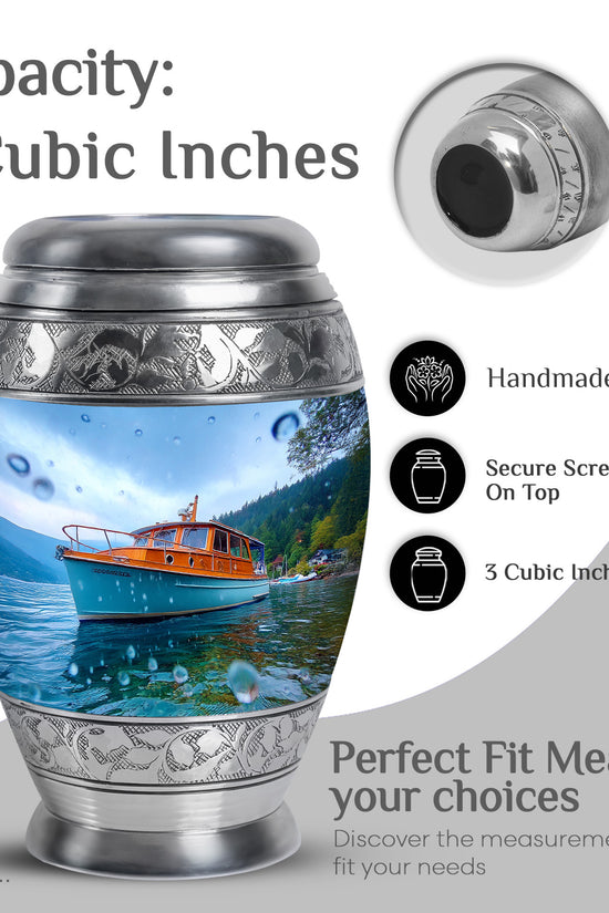 Celestial Blue Boat Cremation Urn lifestyle display on memorial shelf - regal boat design with crown-inspired accents - mini keepsake memorial for portion of cremation ashes