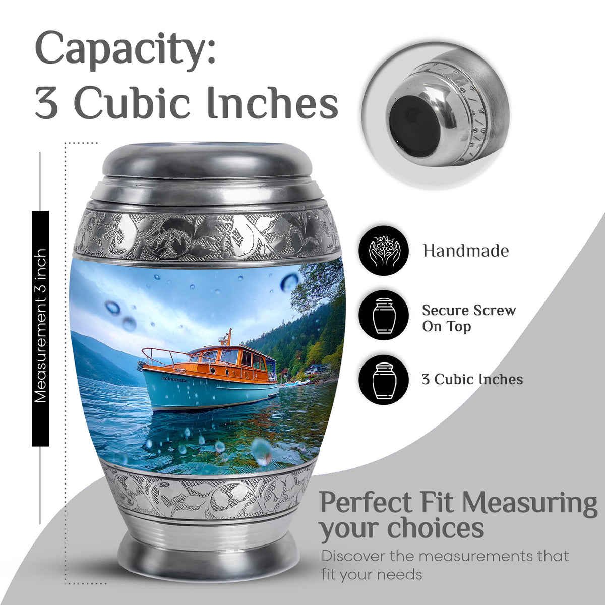 Celestial Blue Boat Cremation Urn lifestyle display on memorial shelf - regal boat design with crown-inspired accents - mini keepsake memorial for portion of cremation ashes