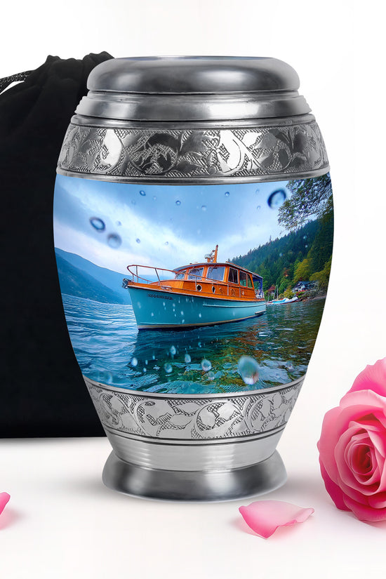 Celestial Blue Boat Cremation Urn back view with polished surface - regal boat design with crown-inspired accents - full-size 10 inch 200 cubic inch adult cremation urn