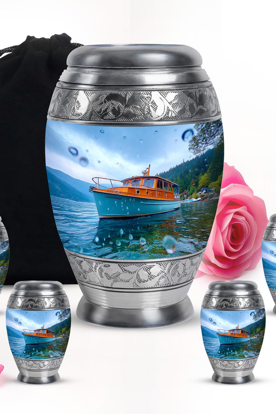 Cornflower Blue Boat Cremation Urn detail view - royal boat engraving with decorative scrollwork - memorial set with one large and four small urns