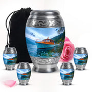 Cornflower Blue Boat Cremation Urn detail view - royal boat engraving with decorative scrollwork - memorial set with one large and four small urns