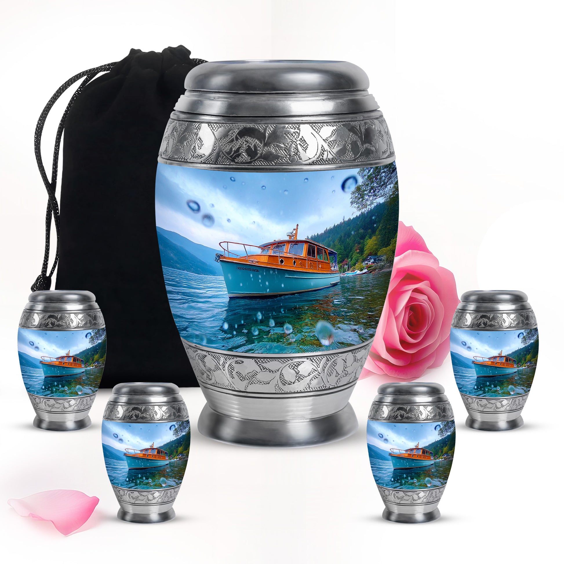 Cornflower Blue Boat Cremation Urn detail view - royal boat engraving with decorative scrollwork - memorial set with one large and four small urns