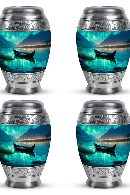 Tropical Teal Boat Cremation Urn urn with complimentary velvet bag - majestic boat pattern with filigree border - 10 inch aluminum urn for cremated remains