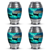 Tropical Teal Boat Cremation Urn urn with complimentary velvet bag - majestic boat pattern with filigree border - 10 inch aluminum urn for cremated remains