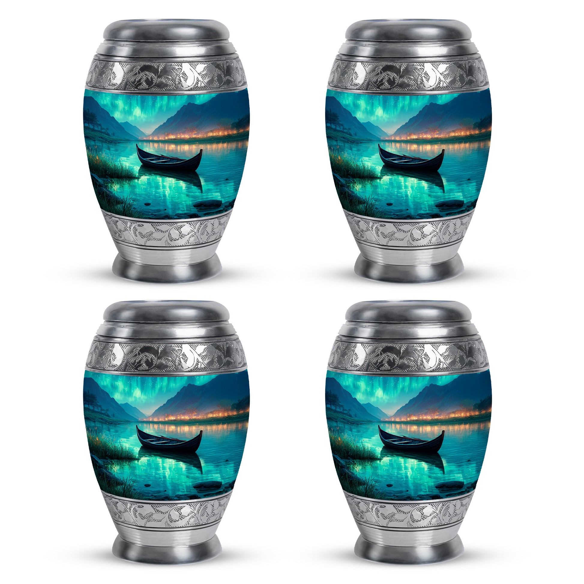 Tropical Teal Boat Cremation Urn urn with complimentary velvet bag - majestic boat pattern with filigree border - 10 inch aluminum urn for cremated remains