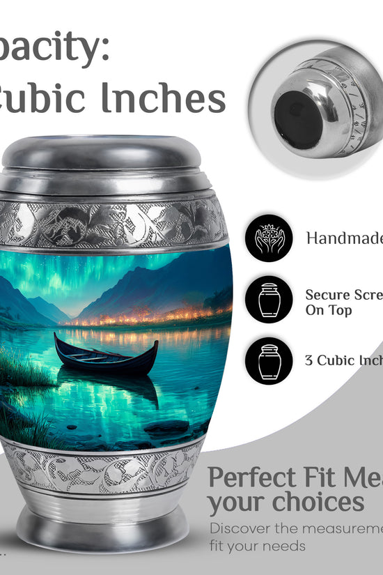 Mystic Teal Boat Cremation Urn lifestyle display on memorial shelf - majestic boat pattern with filigree border - mini keepsake memorial for portion of cremation ashes