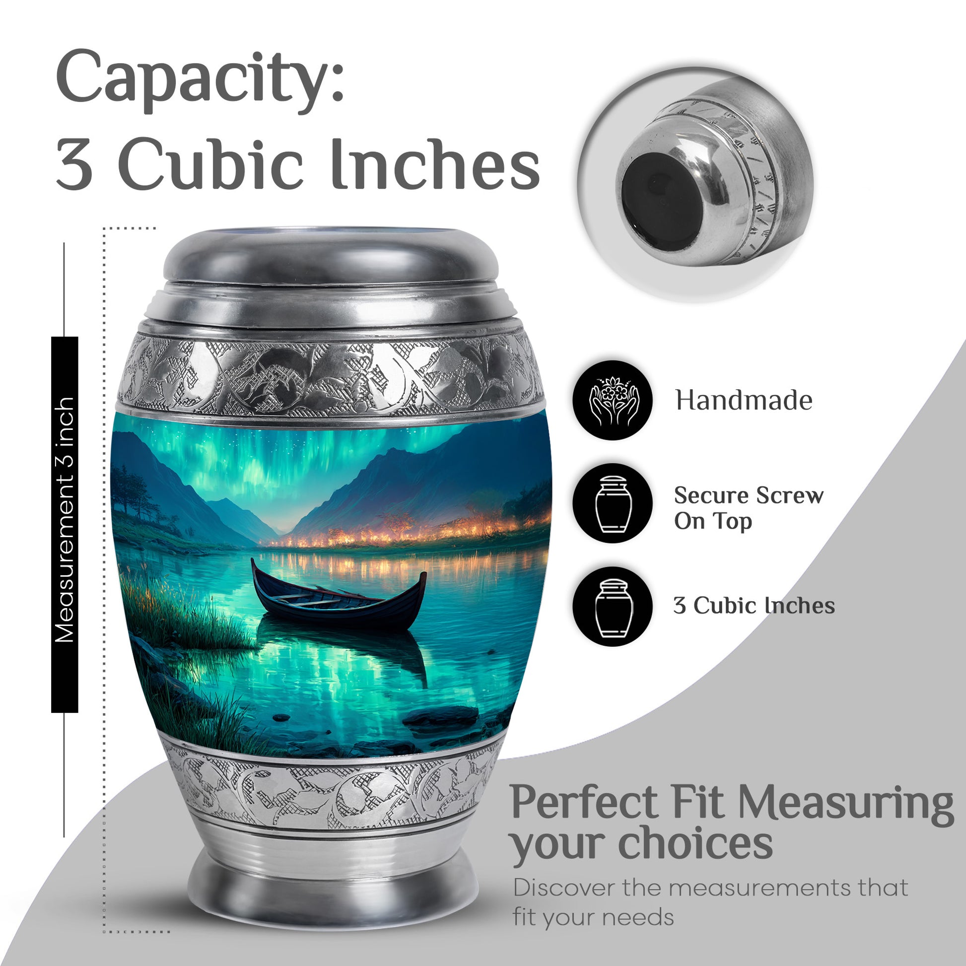 Mystic Teal Boat Cremation Urn lifestyle display on memorial shelf - majestic boat pattern with filigree border - mini keepsake memorial for portion of cremation ashes