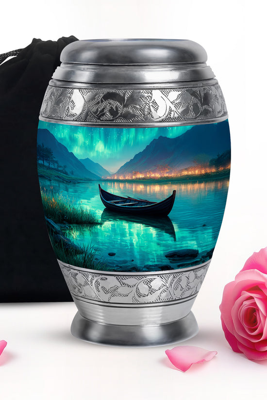 Deep Teal Boat Cremation Urn back view with polished surface - royal boat engraving with decorative scrollwork - full-size 10 inch 200 cubic inch adult cremation urn