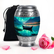 Deep Teal Boat Cremation Urn back view with polished surface - royal boat engraving with decorative scrollwork - full-size 10 inch 200 cubic inch adult cremation urn