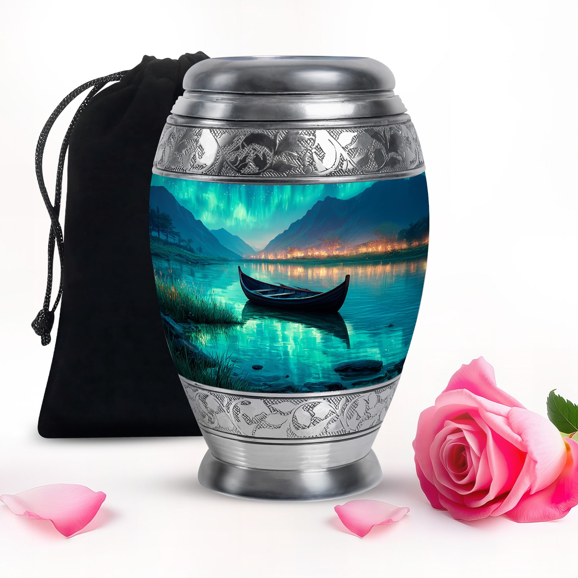 Deep Teal Boat Cremation Urn back view with polished surface - royal boat engraving with decorative scrollwork - full-size 10 inch 200 cubic inch adult cremation urn