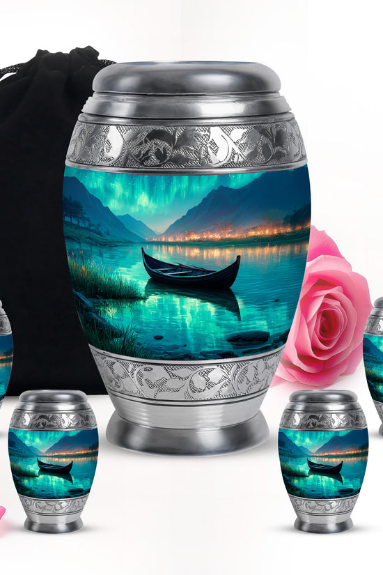 Deep Teal Boat Cremation Urn detail view - majestic boat pattern with filigree border - memorial set with one large and four small urns