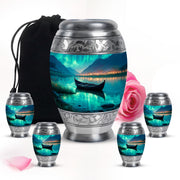 Deep Teal Boat Cremation Urn detail view - majestic boat pattern with filigree border - memorial set with one large and four small urns