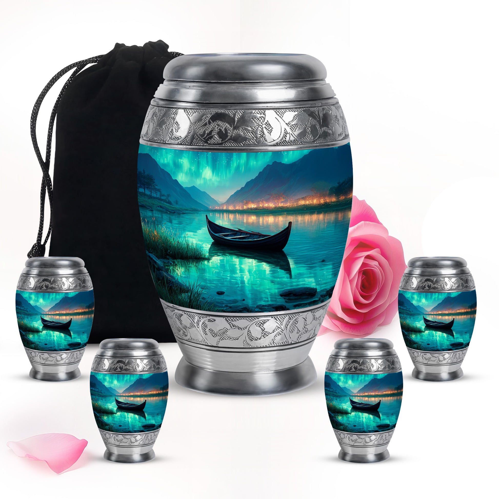 Deep Teal Boat Cremation Urn detail view - majestic boat pattern with filigree border - memorial set with one large and four small urns