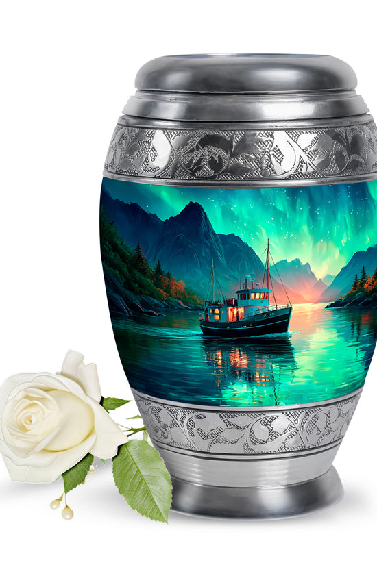 Luminous Teal Boat Honor Urn for Human Ashes - 10-inch, 200 cu in - Karyliz