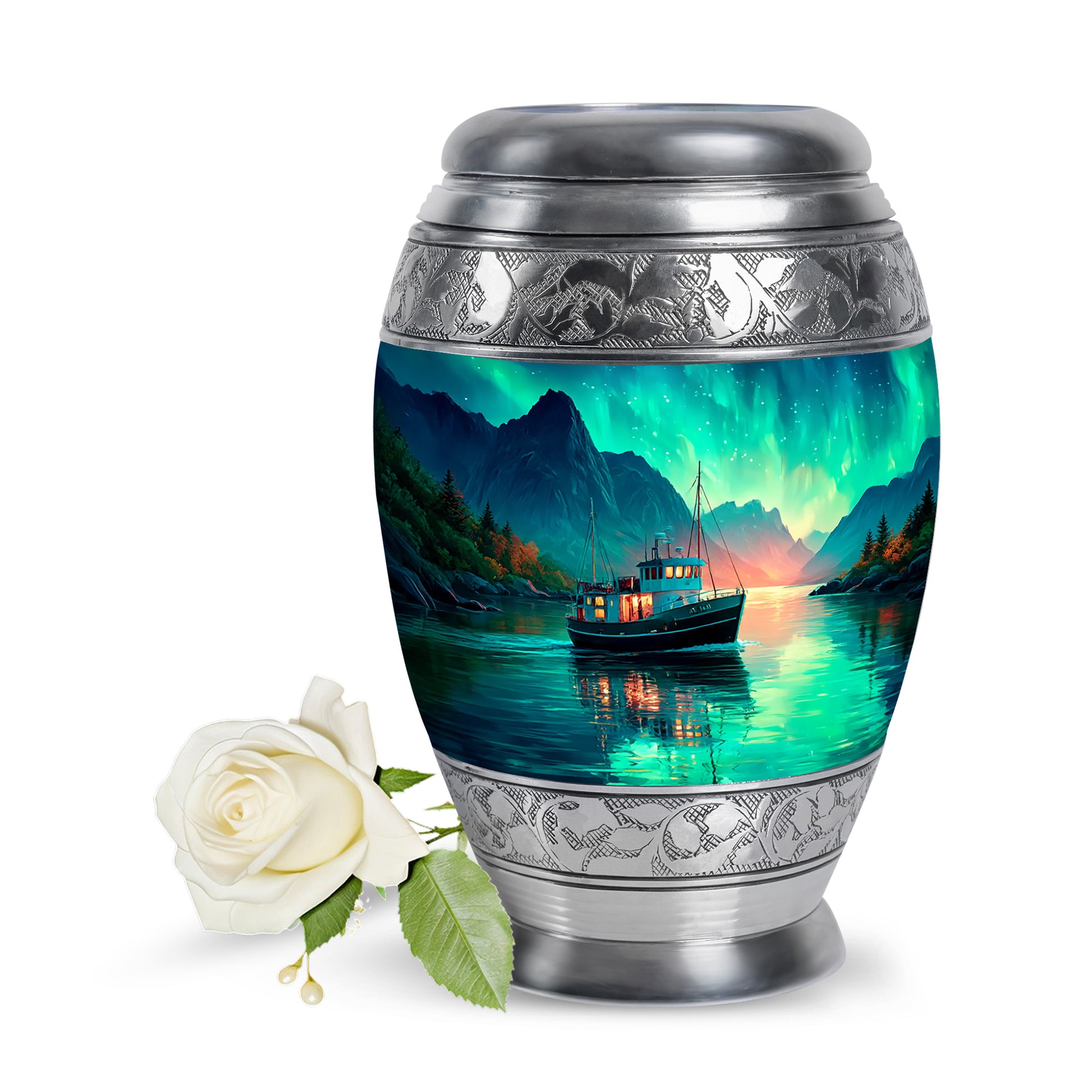 Luminous Teal Boat Honor Urn for Human Ashes - 10-inch, 200 cu in - Karyliz