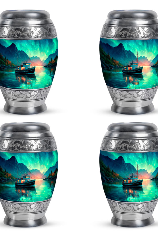 Sea Green Teal Boat Cremation Urn urn with complimentary velvet bag - regal boat design with crown-inspired accents - 10 inch aluminum urn for cremated remains