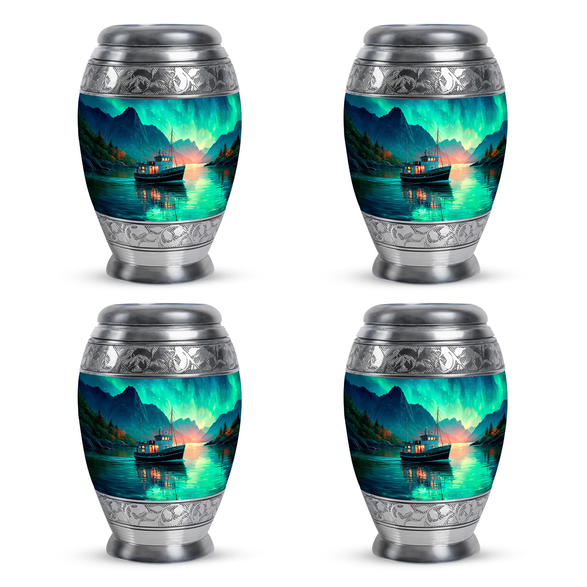 Sea Green Teal Boat Cremation Urn urn with complimentary velvet bag - regal boat design with crown-inspired accents - 10 inch aluminum urn for cremated remains
