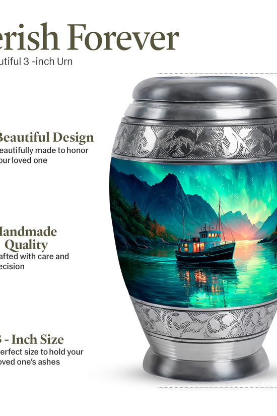 Mystic Teal Boat Cremation Urn lifestyle display on memorial shelf - majestic boat pattern with filigree border - mini keepsake memorial for portion of cremation ashes