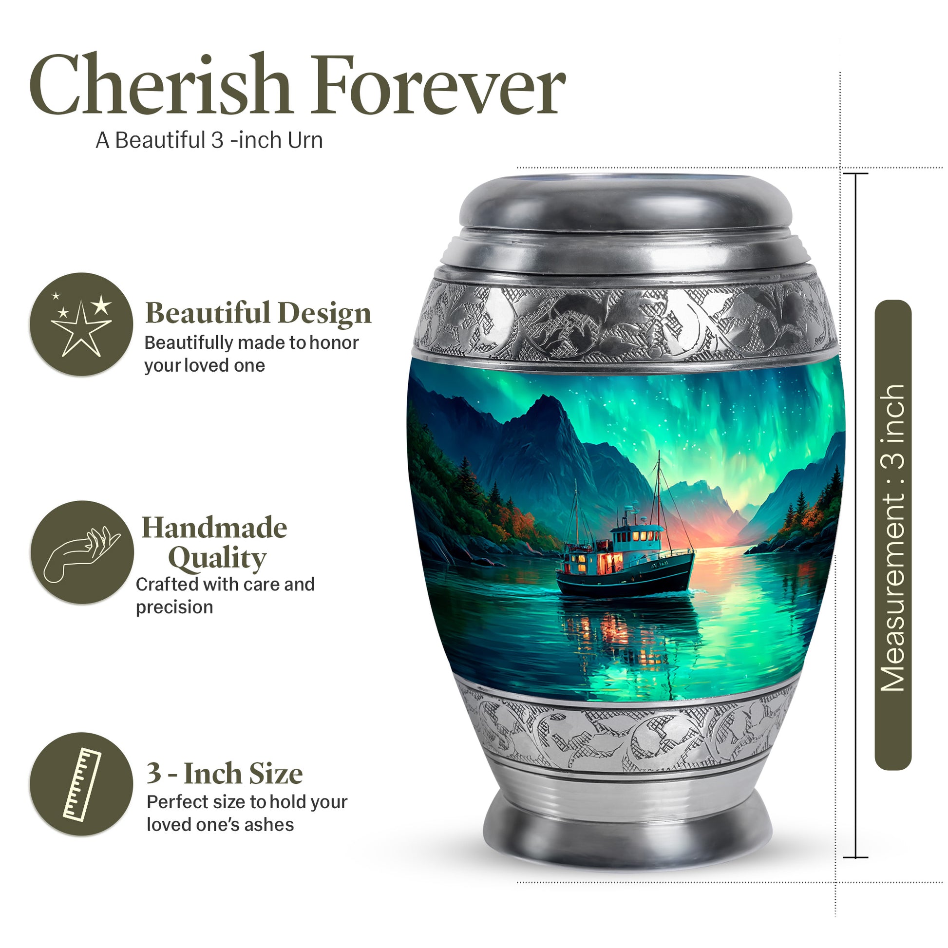 Mystic Teal Boat Cremation Urn lifestyle display on memorial shelf - majestic boat pattern with filigree border - mini keepsake memorial for portion of cremation ashes