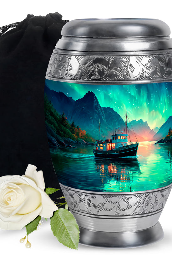 Sea Green Teal Boat Cremation Urn back view with polished surface - regal boat design with crown-inspired accents - full-size 10 inch 200 cubic inch adult cremation urn