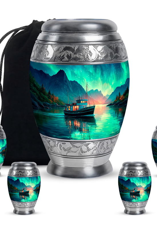 Tropical Teal Boat Cremation Urn detail view - royal boat engraving with decorative scrollwork - memorial set with one large and four small urns
