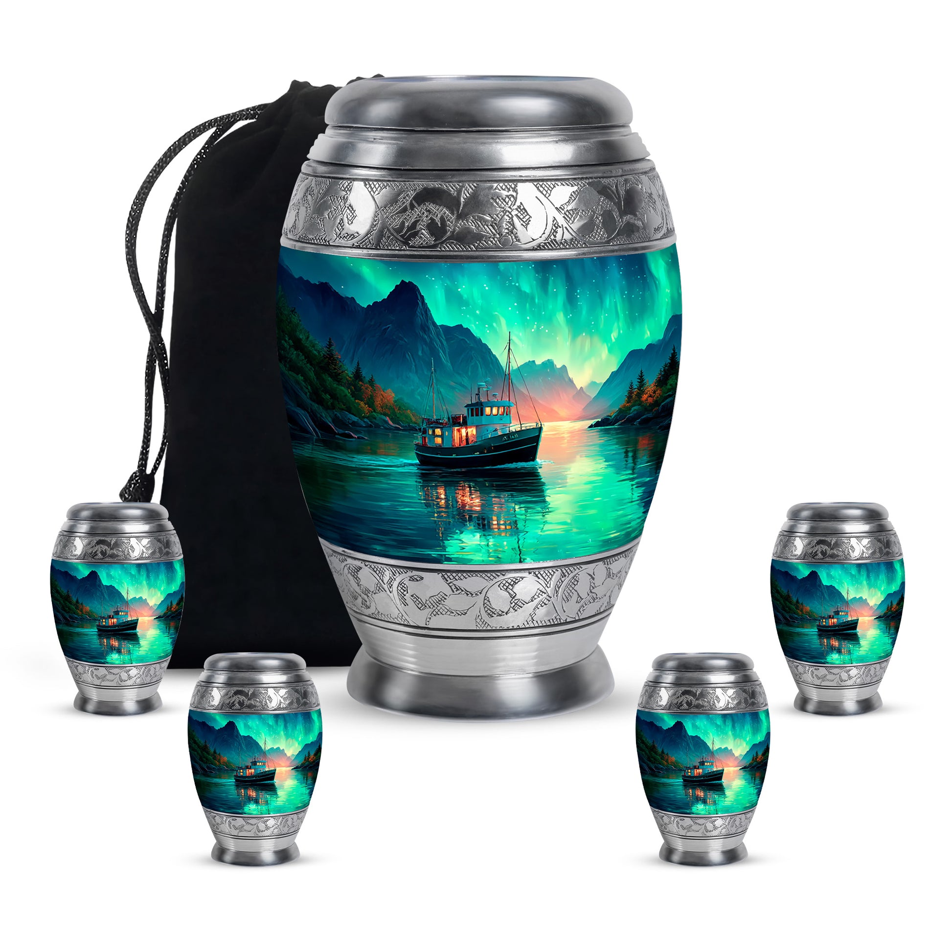 Tropical Teal Boat Cremation Urn detail view - royal boat engraving with decorative scrollwork - memorial set with one large and four small urns