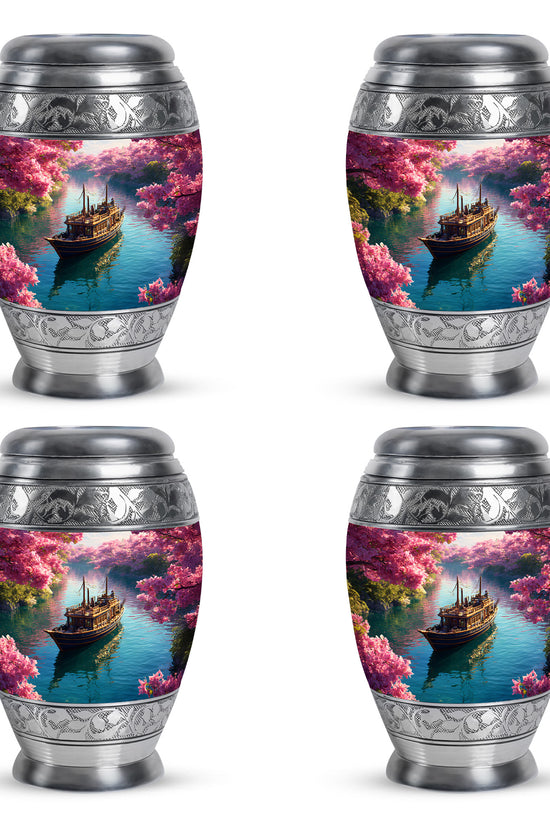 Peony Pink Boat Cremation Urn urn with complimentary velvet bag - regal boat design with crown-inspired accents - 10 inch aluminum urn for cremated remains
