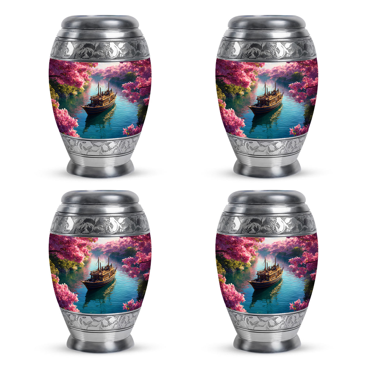 Peony Pink Boat Cremation Urn urn with complimentary velvet bag - regal boat design with crown-inspired accents - 10 inch aluminum urn for cremated remains