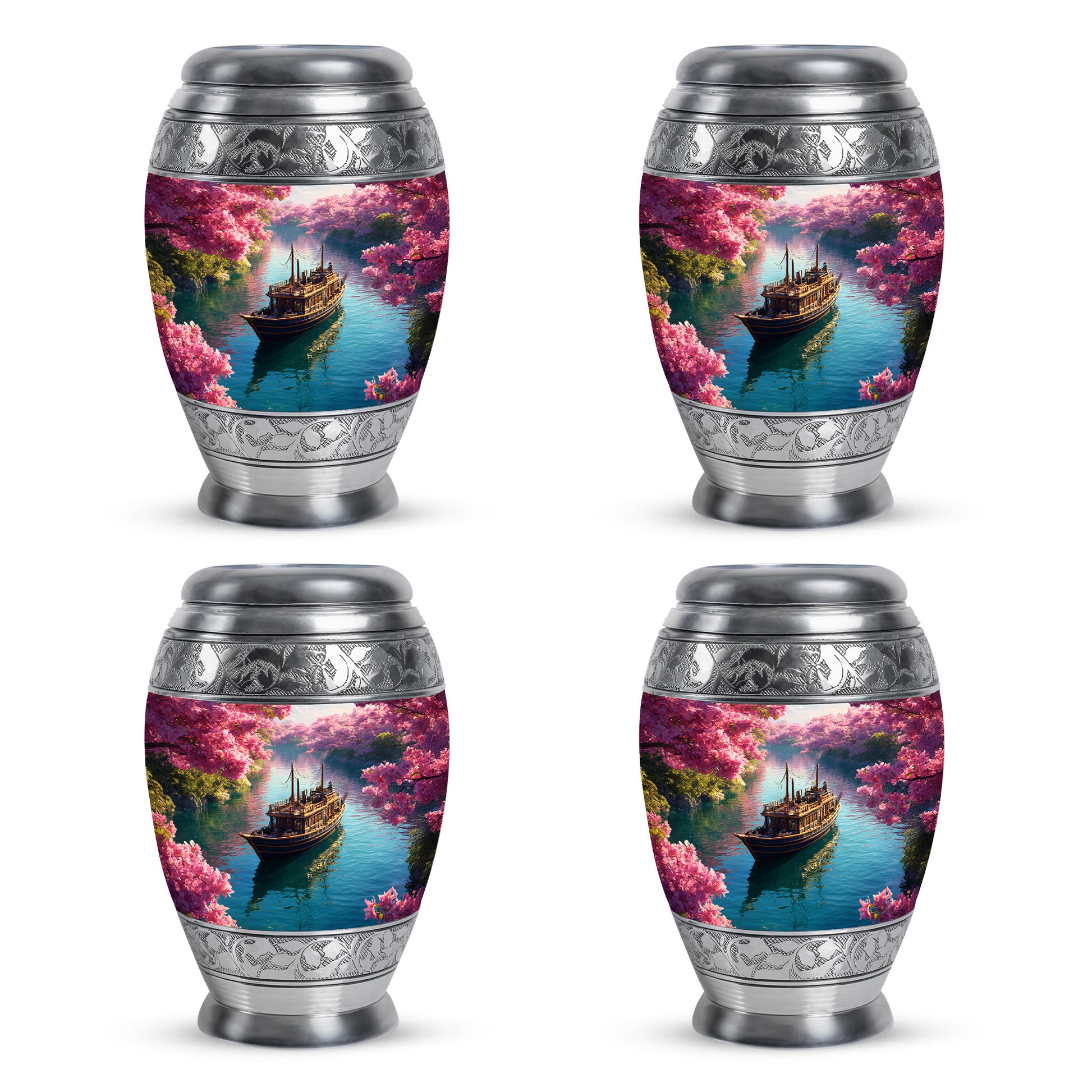 Peony Pink Boat Cremation Urn urn with complimentary velvet bag - regal boat design with crown-inspired accents - 10 inch aluminum urn for cremated remains