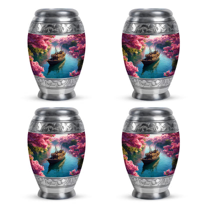 Peony Pink Boat Cremation Urn urn with complimentary velvet bag - regal boat design with crown-inspired accents - 10 inch aluminum urn for cremated remains