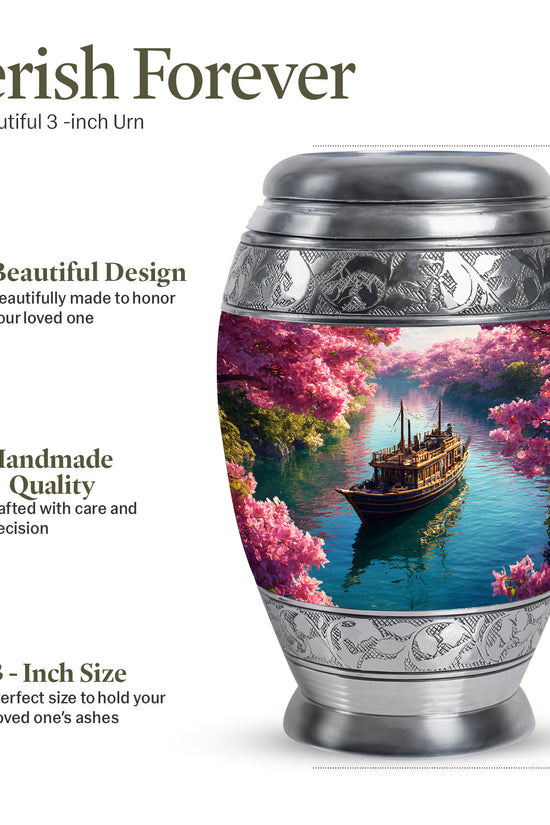 Coral Pink Boat Cremation Urn lifestyle display on memorial shelf - regal boat design with crown-inspired accents - mini keepsake memorial for portion of cremation ashes