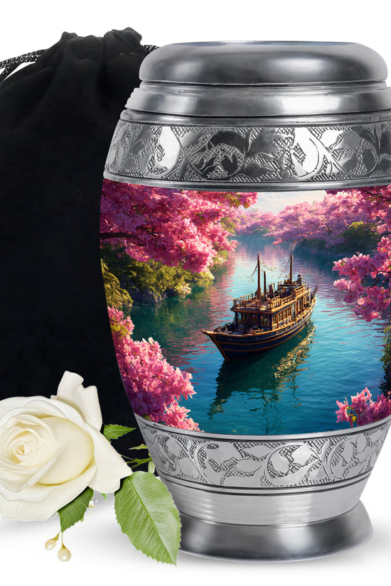 Vintage Pink Boat Cremation Urn back view with polished surface - royal boat engraving with decorative scrollwork - full-size 10 inch 200 cubic inch adult cremation urn