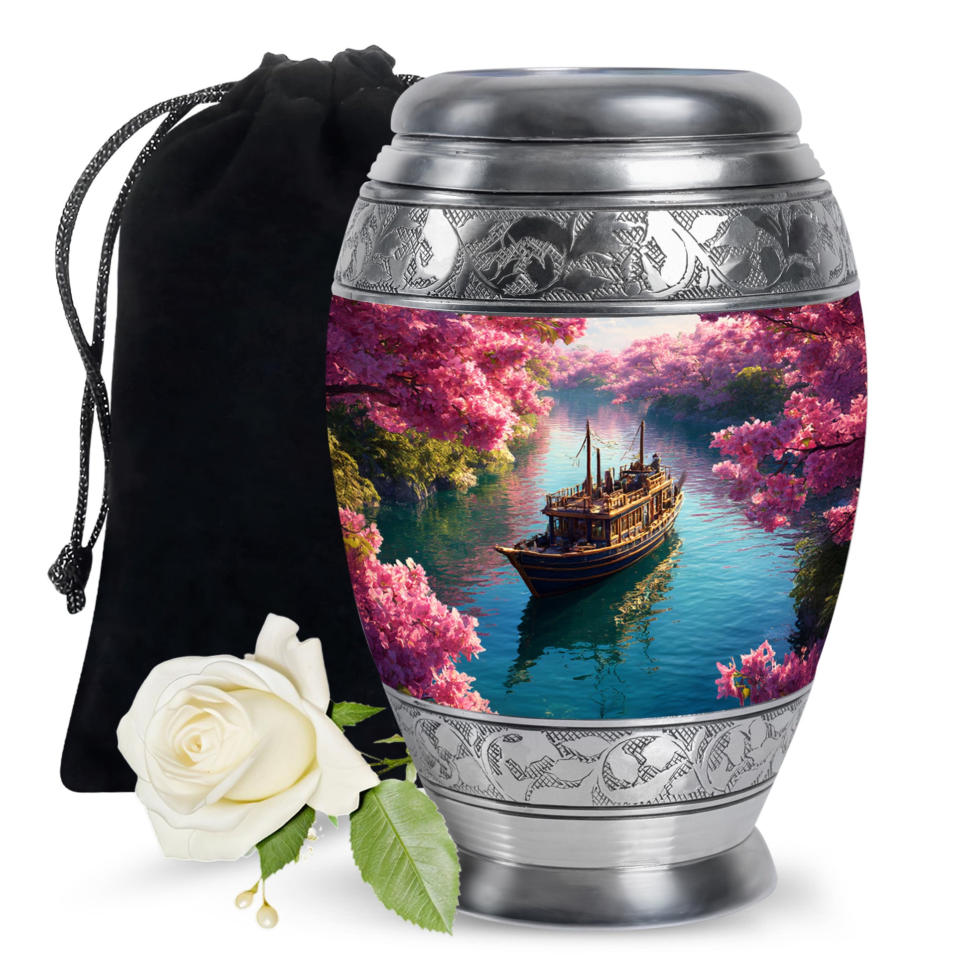Vintage Pink Boat Cremation Urn back view with polished surface - royal boat engraving with decorative scrollwork - full-size 10 inch 200 cubic inch adult cremation urn