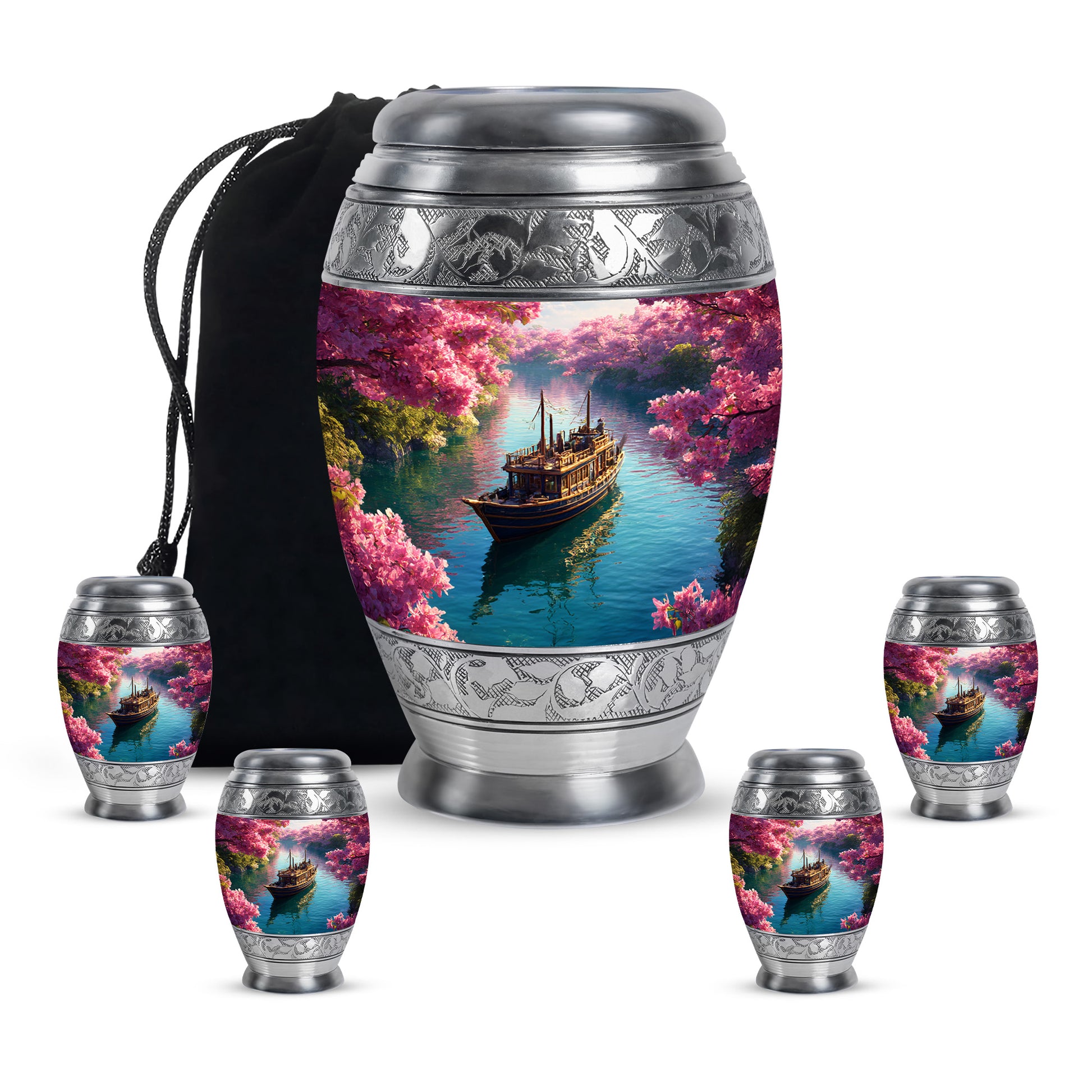 Petal Pink Boat Cremation Urn detail view - majestic boat pattern with filigree border - memorial set with one large and four small urns