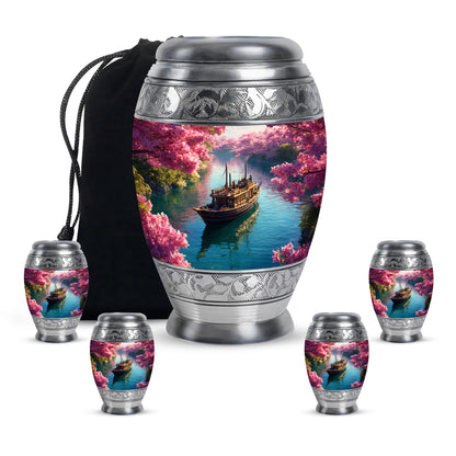 Petal Pink Boat Cremation Urn detail view - majestic boat pattern with filigree border - memorial set with one large and four small urns