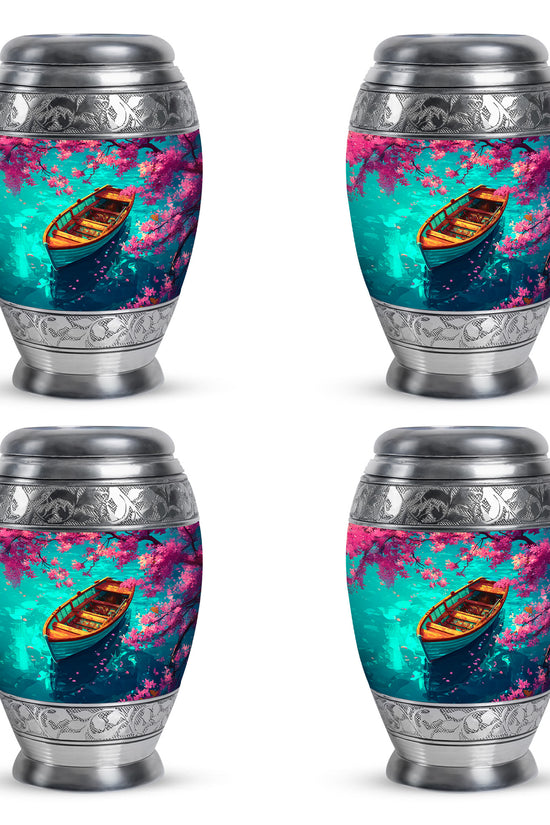 Vivid Teal Boat Cremation Urn urn with complimentary velvet bag - majestic boat pattern with filigree border - 10 inch aluminum urn for cremated remains