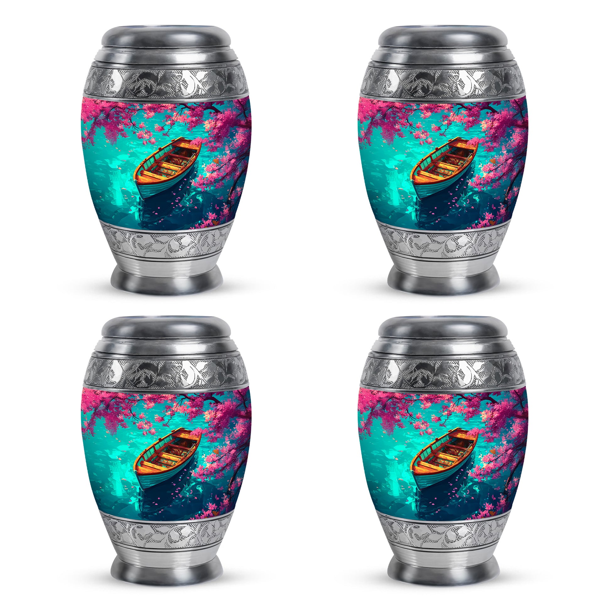 Vivid Teal Boat Cremation Urn urn with complimentary velvet bag - majestic boat pattern with filigree border - 10 inch aluminum urn for cremated remains