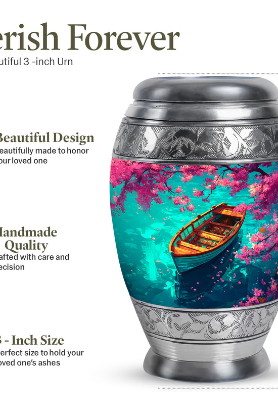 Mystic Teal Boat Cremation Urn lifestyle display on memorial shelf - majestic boat pattern with filigree border - mini keepsake memorial for portion of cremation ashes