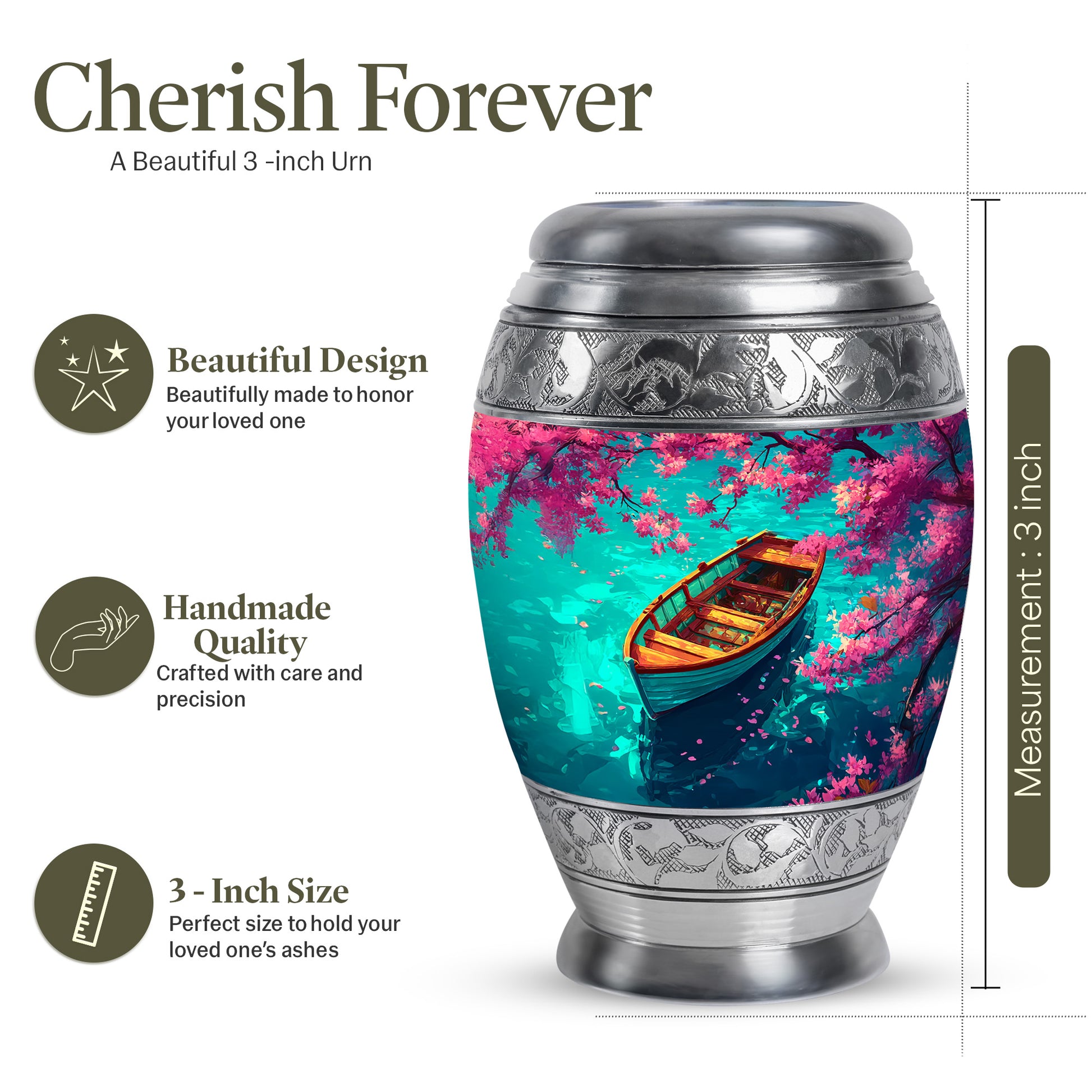 Mystic Teal Boat Cremation Urn lifestyle display on memorial shelf - majestic boat pattern with filigree border - mini keepsake memorial for portion of cremation ashes