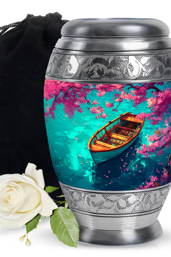 Jewel Teal Boat Cremation Urn back view with polished surface - regal boat design with crown-inspired accents - full-size 10 inch 200 cubic inch adult cremation urn