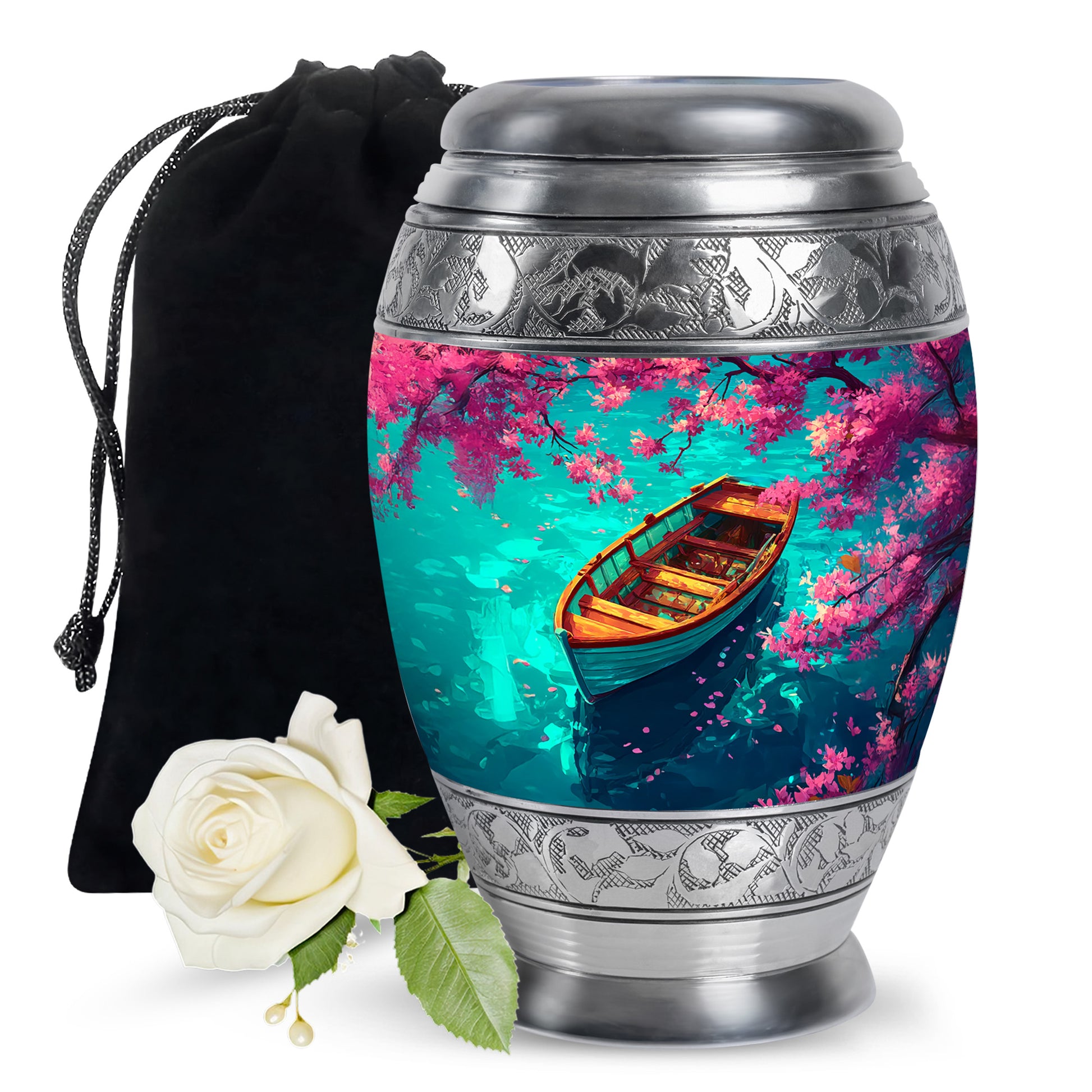 Jewel Teal Boat Cremation Urn back view with polished surface - regal boat design with crown-inspired accents - full-size 10 inch 200 cubic inch adult cremation urn