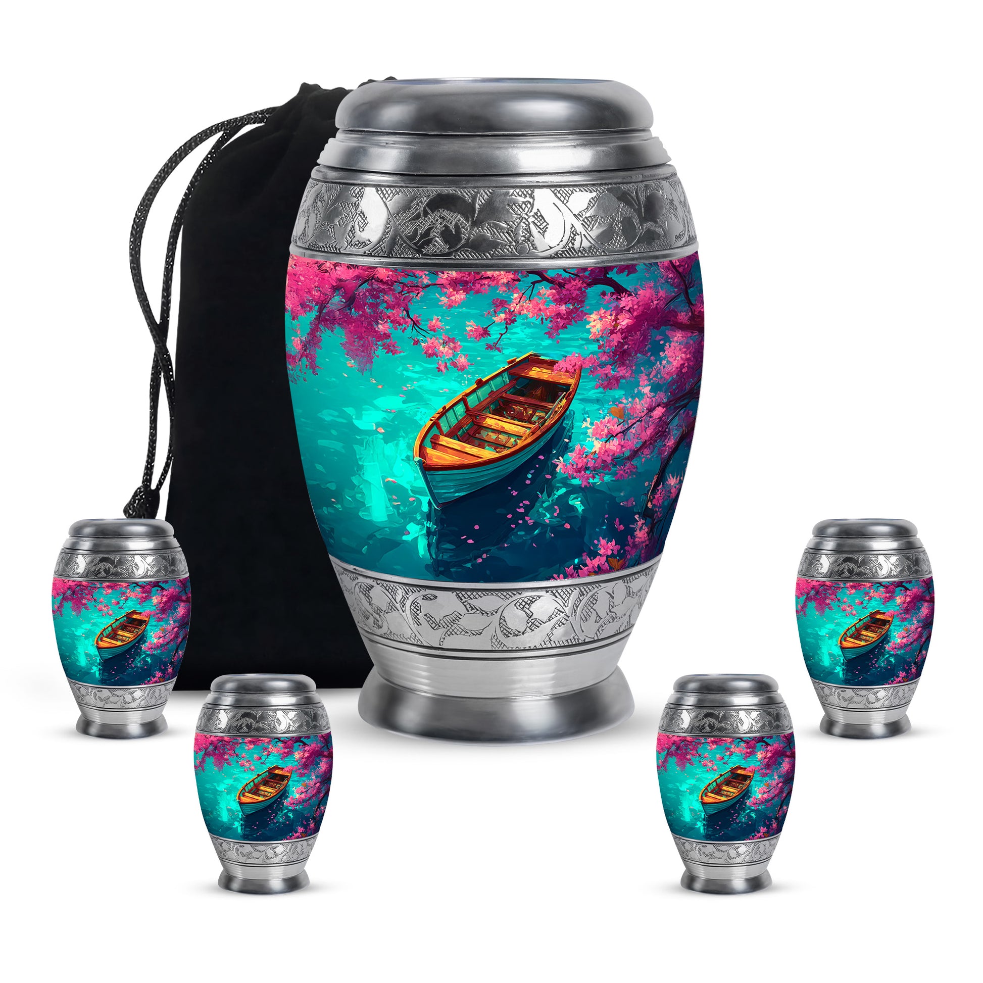 Vivid Teal Boat Cremation Urn detail view - majestic boat pattern with filigree border - memorial set with one large and four small urns