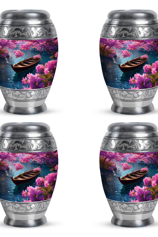 Sapphire Blue Boat Cremation Urn urn with complimentary velvet bag - majestic boat pattern with filigree border - 10 inch aluminum urn for cremated remains