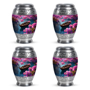 Sapphire Blue Boat Cremation Urn urn with complimentary velvet bag - majestic boat pattern with filigree border - 10 inch aluminum urn for cremated remains
